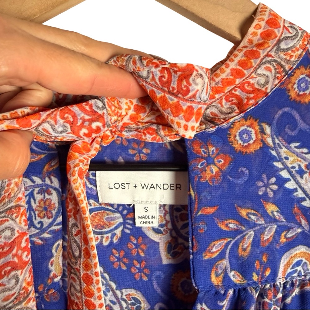 Lost + Wander Blue Paisley Tie-Neck Mini Dress Long Bell Sleeve – Size Small - Picture 7 of 12